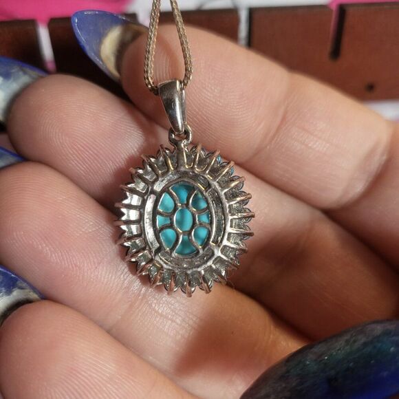 Sleeping Beauty Turquoise and Multi Gemstone Double Halo Pendant Necklace - Picture 6 of 8